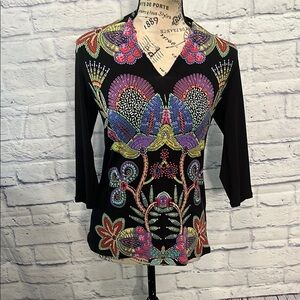 Eva Varro V-neck Top Bold Floral Print 3/4 Sleeves Size XS